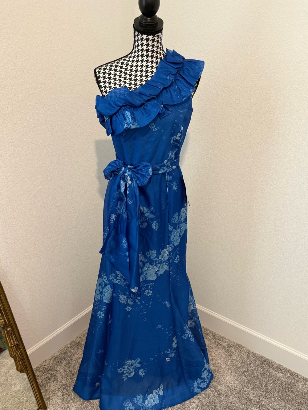 Taylor One-Shoulder Royal Blue Floral Evening Gown